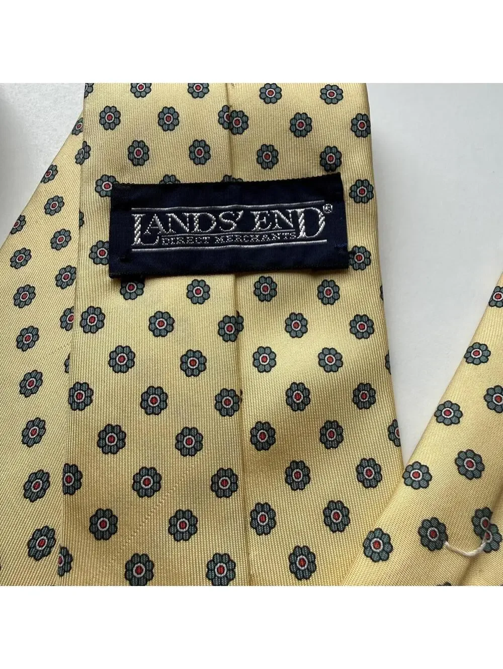Vintage Lands’ End 100% Silk Necktie Made in USA Yellow Floral Medallion Tie